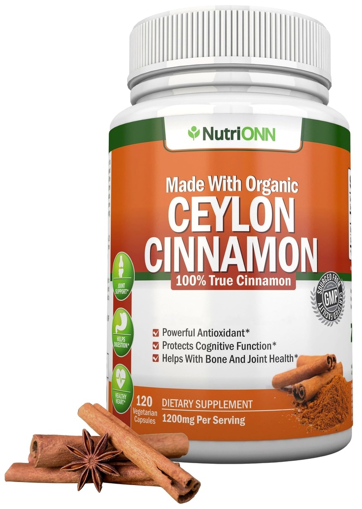 Ceylan biologique Cinnamon 1200 mg de 120 capsules véganes True Cinnamomum verum du Sri Lanka , non-OGM, laboratoire tiers testé, faible Coumarin, certifié GMP