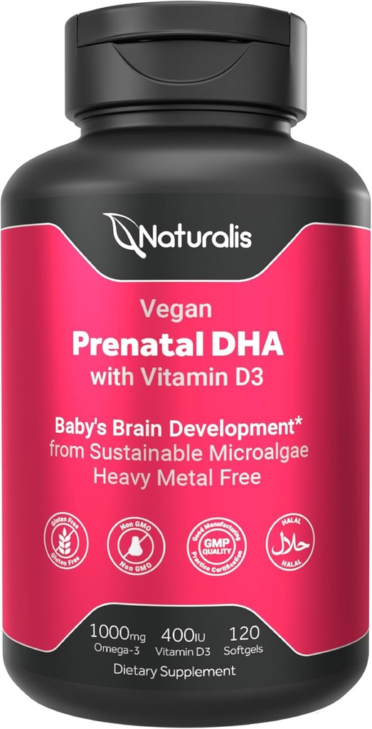 Naturalis Vegan Prénatal avec Omega à Specrum Complète - 3-- Algae DHA, EPA, DPA, Vitamine D3 & Folic L actif 5-MTHF.