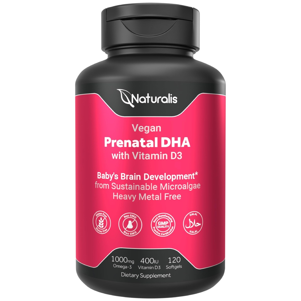 Naturalis Vegan Prénatal avec Omega à Specrum Complète - 3-- Algae DHA, EPA, DPA, Vitamine D3 & Folic L actif 5-MTHF.