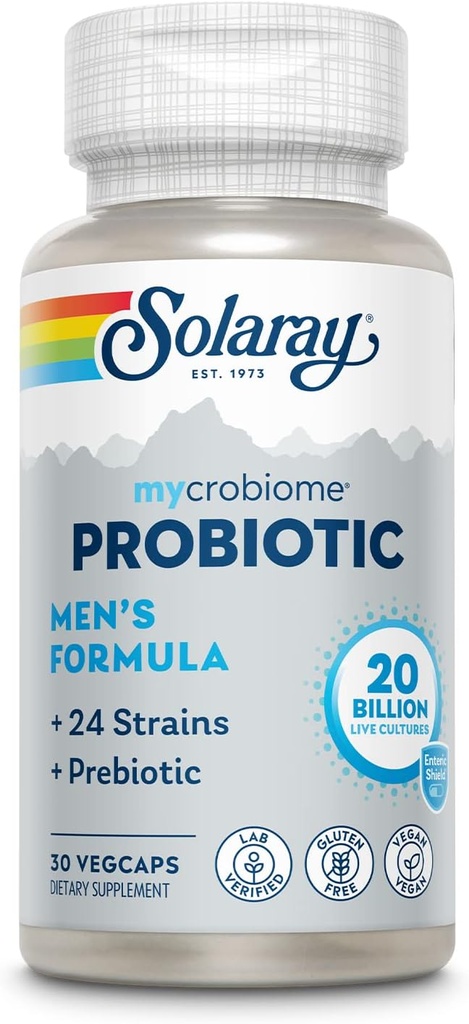 SOLARAY Mycrobiome Probiotique Hommes Formule, Probiotiques pour les hommes, Santé Gut, Digestion, Fonction immunitaire et plus, 20 Million CFU Hommes Probiotique, 24 souches Plus Prébiotique, 30 portions, 30 VegCaps