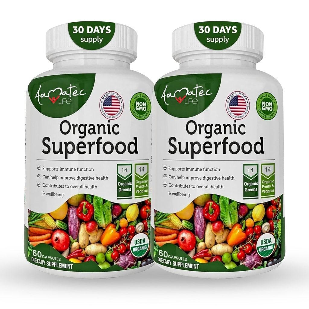 Complexe de fruits et légumes bio Superfood Greens - Supplément diététique avec 14 légumes verts et 14 légumes avec Alfalfa Riche en antioxydants Ingrédients organiques Non-OGM (120 Count Pack de 2)