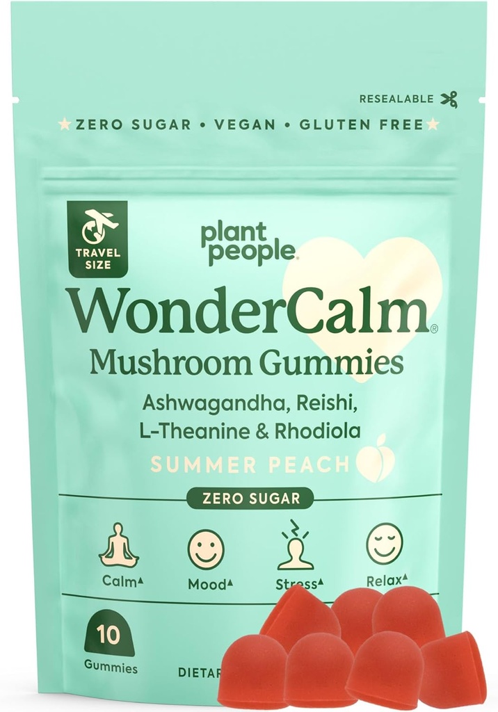 Plant People WonderCalm Mushroom Gummies - Natural Ashwagandha Supplement to Ease Stress & Boost Mood for Adults Without Sugar, Gluten or Artificial Colors, Vegan-Friendly, Peach Flavor (Trial Size)