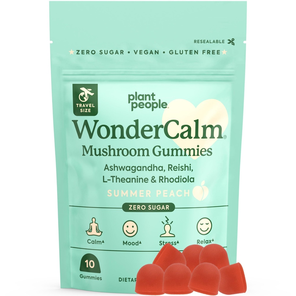 Plant People WonderCalm Mushroom Gummies - Supplément naturel Ashwagandha pour atténuer le stress et stimuler l'humeur pour les adultes sans sucre, gluten ou couleurs artificielles, végétalien-friendly, pêche saveur (Trial Size)