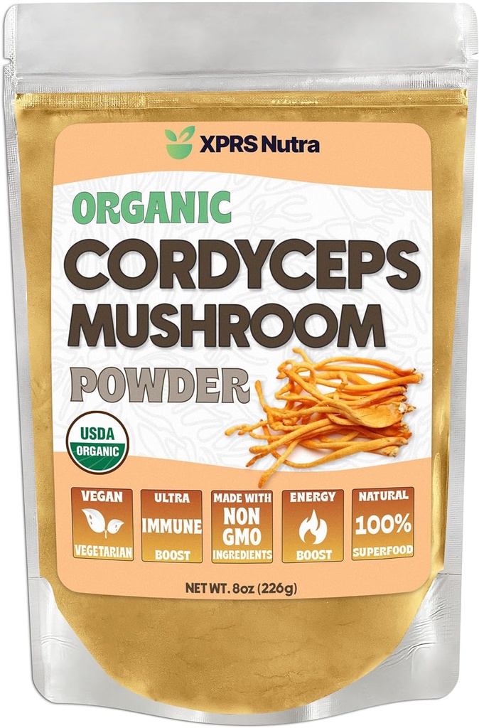 XPRS Poudre de champignons Cordyceps bio Nutra - Champignons Cordyceps Premium - Supplément de poudre de champignons Cordyceps pour l'énergie et le soutien immunitaire - Cordyceps de champignons amis végétaliens (8 oz)