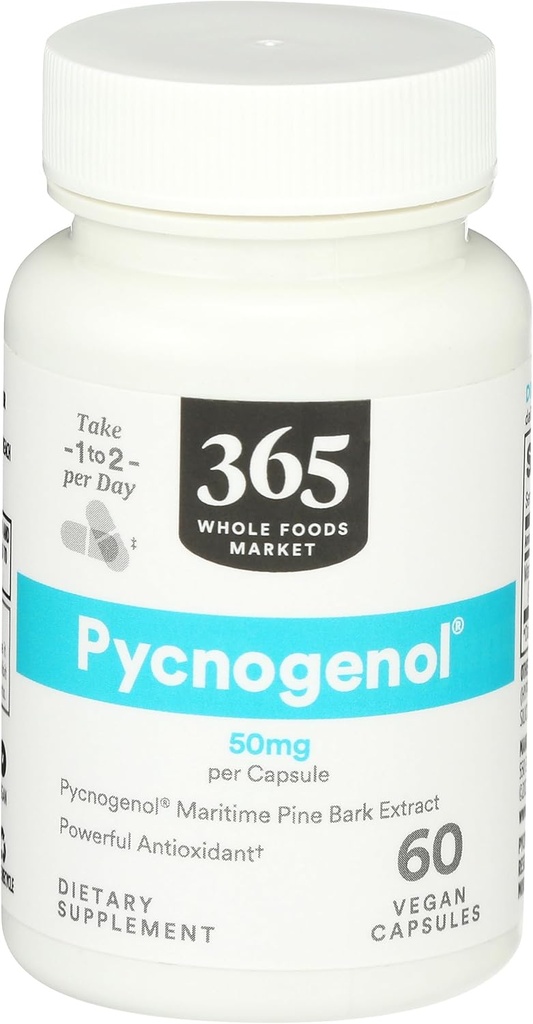 365 par Marché des aliments entiers, Pycnogenol Maritime Pine Bark Extrait, 50mg Capsules végétaliennes, 60 Compte