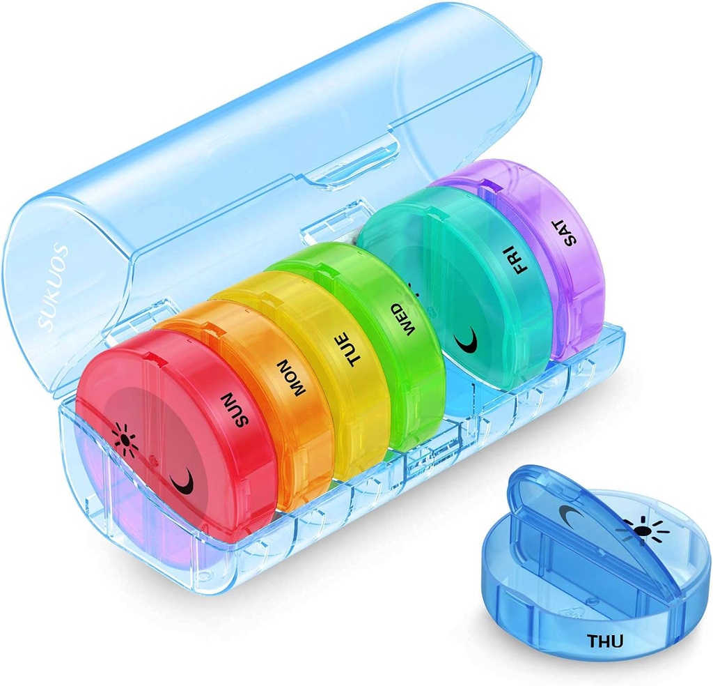 Sukuos Large Weekly Pill Organizer 2 fois par jour, quotidien Pill Box 7 Day Facile à ouvrir avec double protection, AM PM Pill Case pour la médecine/vitamine/huile de poisson/Suppléments (bleu)