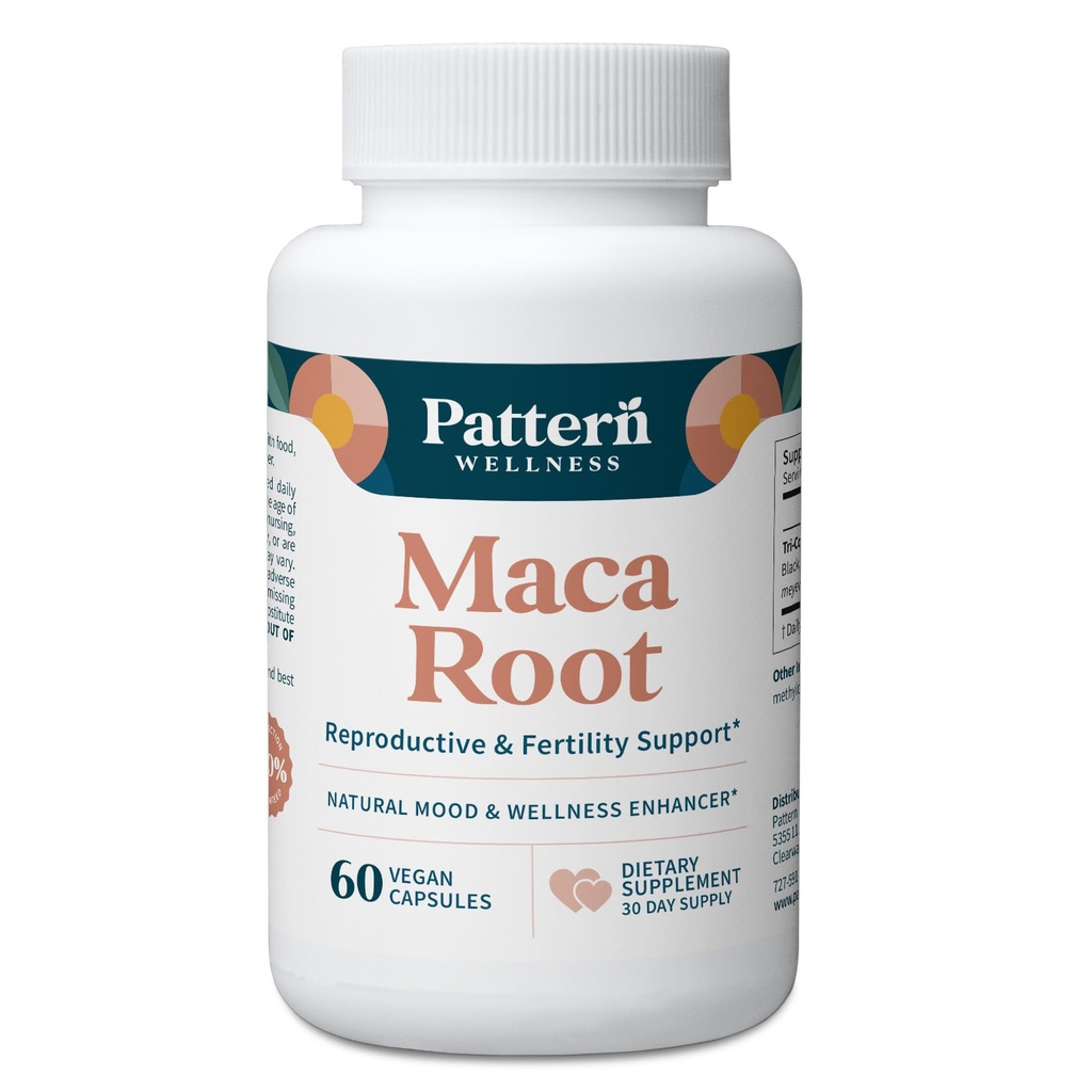 Pattern Wellness Maca Root pour les hommes et les femmes - 10 000mg - Natural Mood & Wellness Enhancer - Un mélange optimal unique pour la fertilité, la reproduction et la santé du corps entier - 60 Capsules Vegan