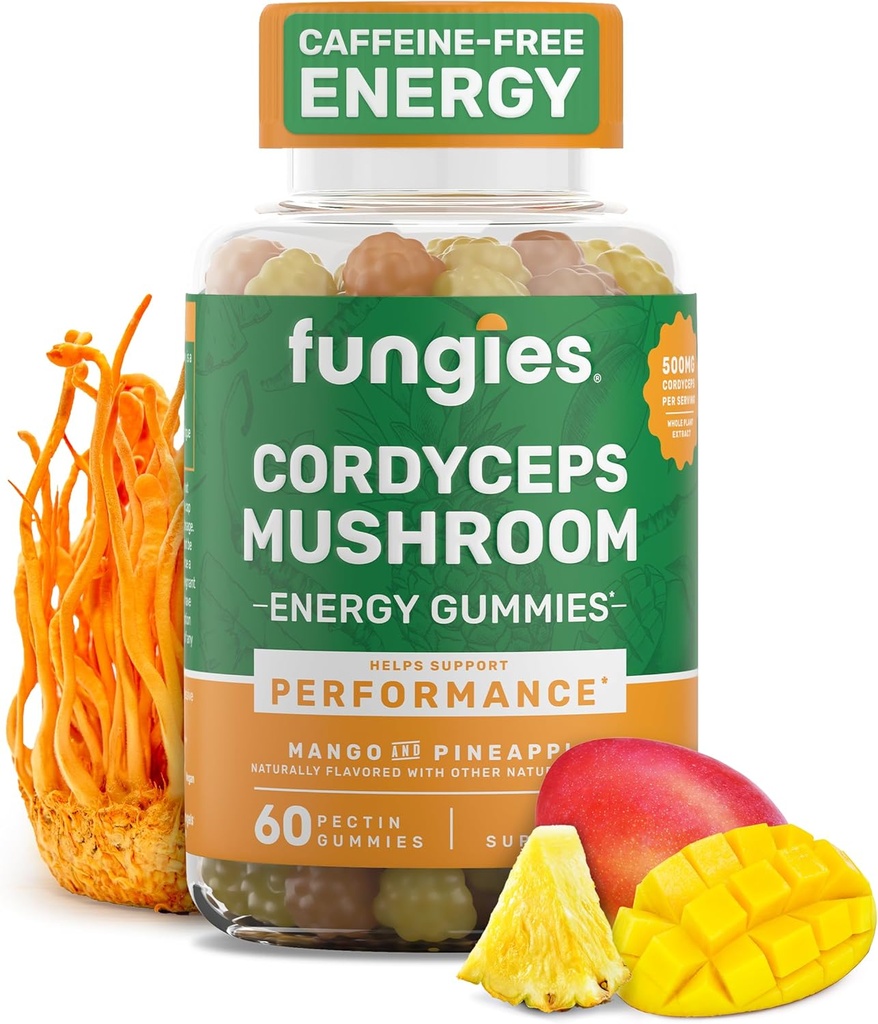 Fungies Cordyceps Gommies de champignons, mangues et ananas - Supplément de champignons à base de plantes Gommy pour adultes soutient l'endurance, l'énergie et la performance - Gommies d'énergie sans caféine - 60 portions