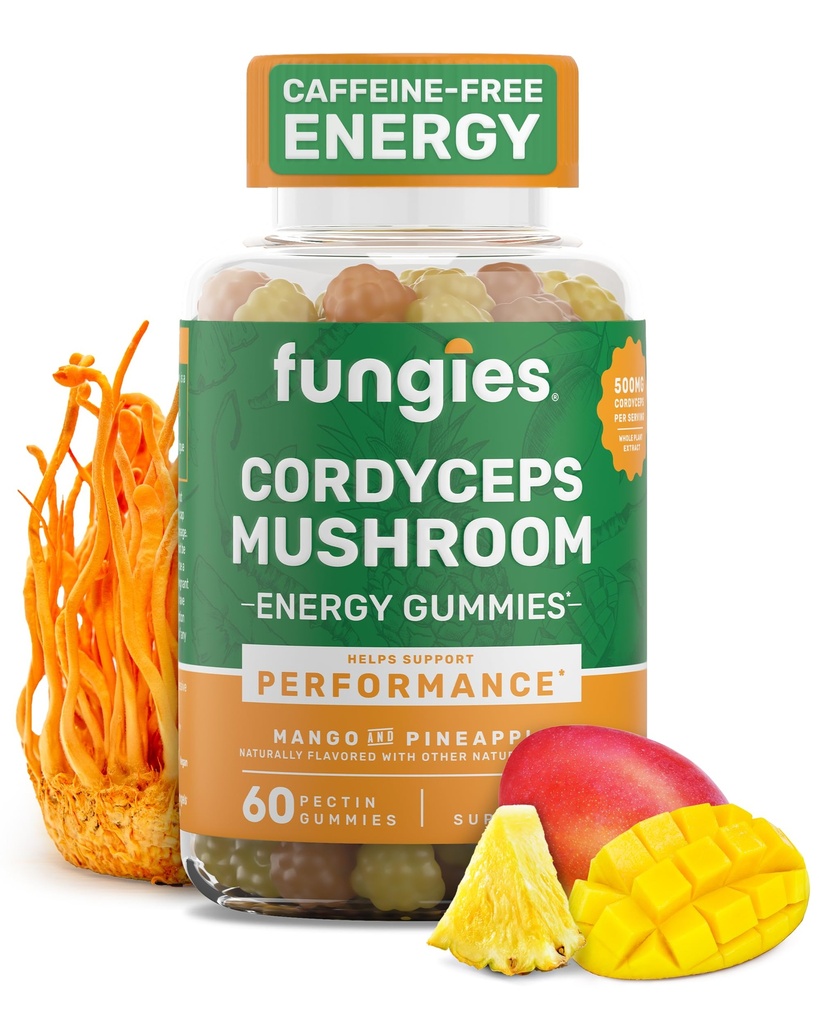 Fungies Cordyceps Gommies de champignons, mangues et ananas - Supplément de champignons à base de plantes Gommy pour adultes soutient l'endurance, l'énergie et la performance - Gommies d'énergie sans caféine - 60 portions