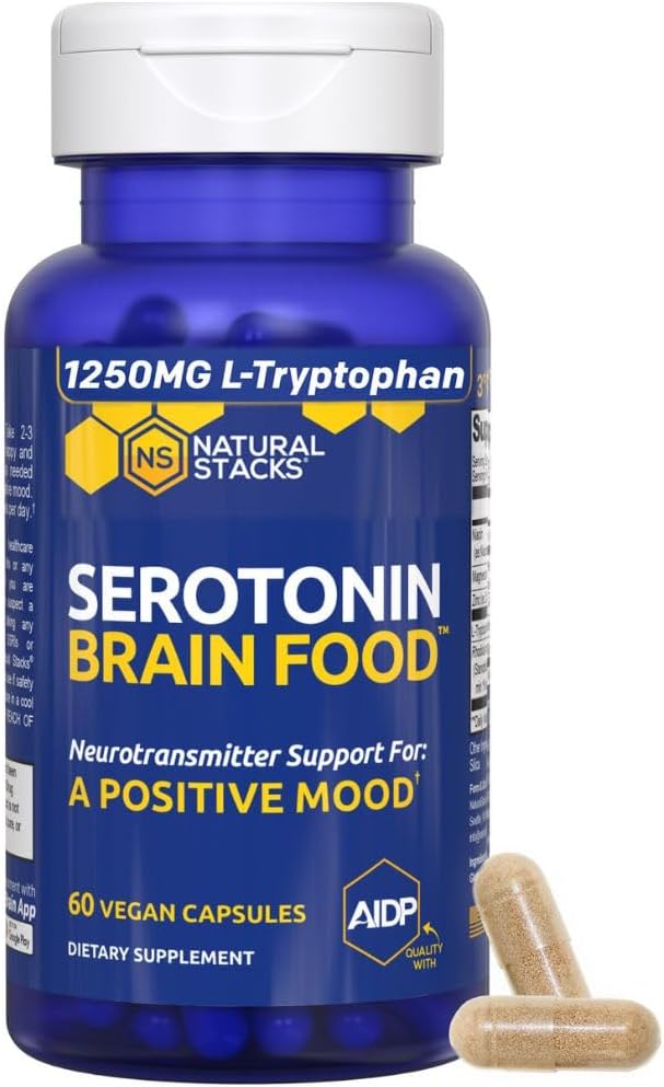Sérotonine Cerveau Food - 1250mg L-Tryptophane & 400mg Supplément Rhodiola Rosea - Supplément de soutien de l'humeur pour le soulagement du stress - Support Neurotransmetteur avec Magnésium Glycinate & Zinc - 60 Capsules