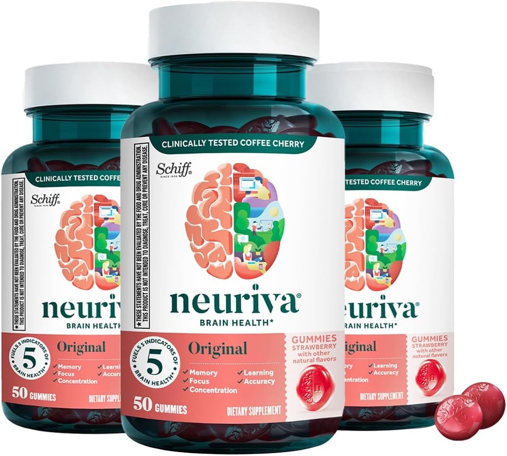 Cerveau d'origine Neuriva Soutien à la santé Gommies de fraises (50 comtes), Soutien au cerveau avec Phosphatidylserine & Décaféiné, Cherry à café prouvé cliniquement (paquet de 3)