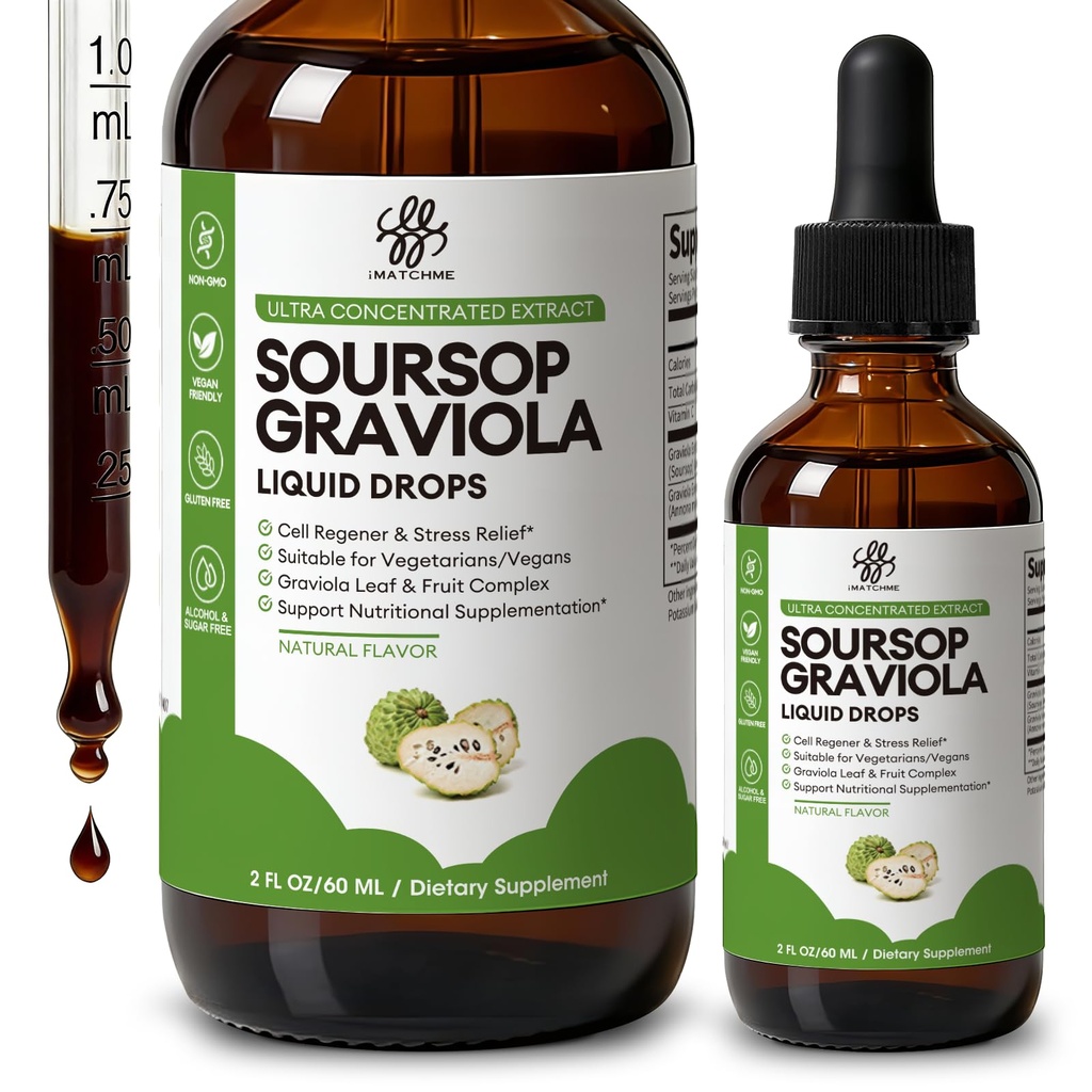 iMATCHME Soursop Graviola goutte liquide pour le soutien cellulaire et la régénération, système immunitaire et Gut soutien de la santé, amers purs soursop liquide, haute absorption, sans sucre / gluten, saveur naturelle, 2 Fl Oz