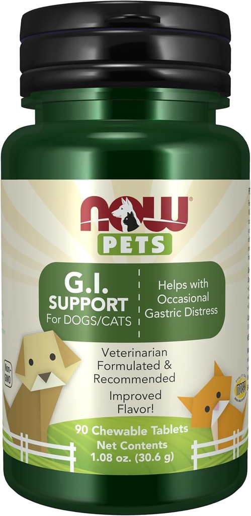 NOW Pet Health, G.I. Support Supplement, Formulated for Cats & Dogs, NASC Certified, 90 Chewable Tablets