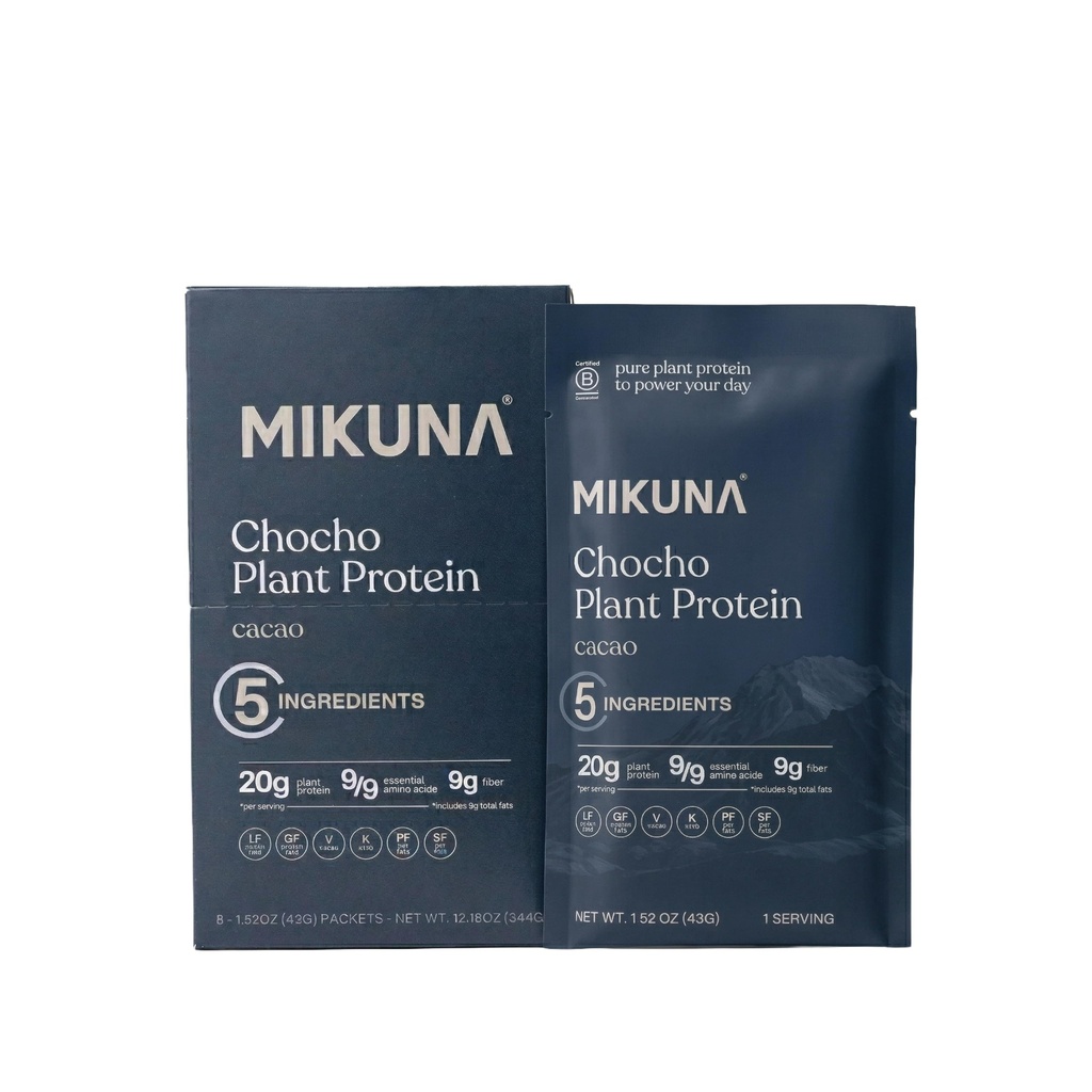 Mikuna Chocho Protéines, poudre végétale de protéines, emballages de voyage - Vegan, sans gluten, 3g de glucides nets ou moins, et biodisponible, non-isolat (8 portions, cacao)