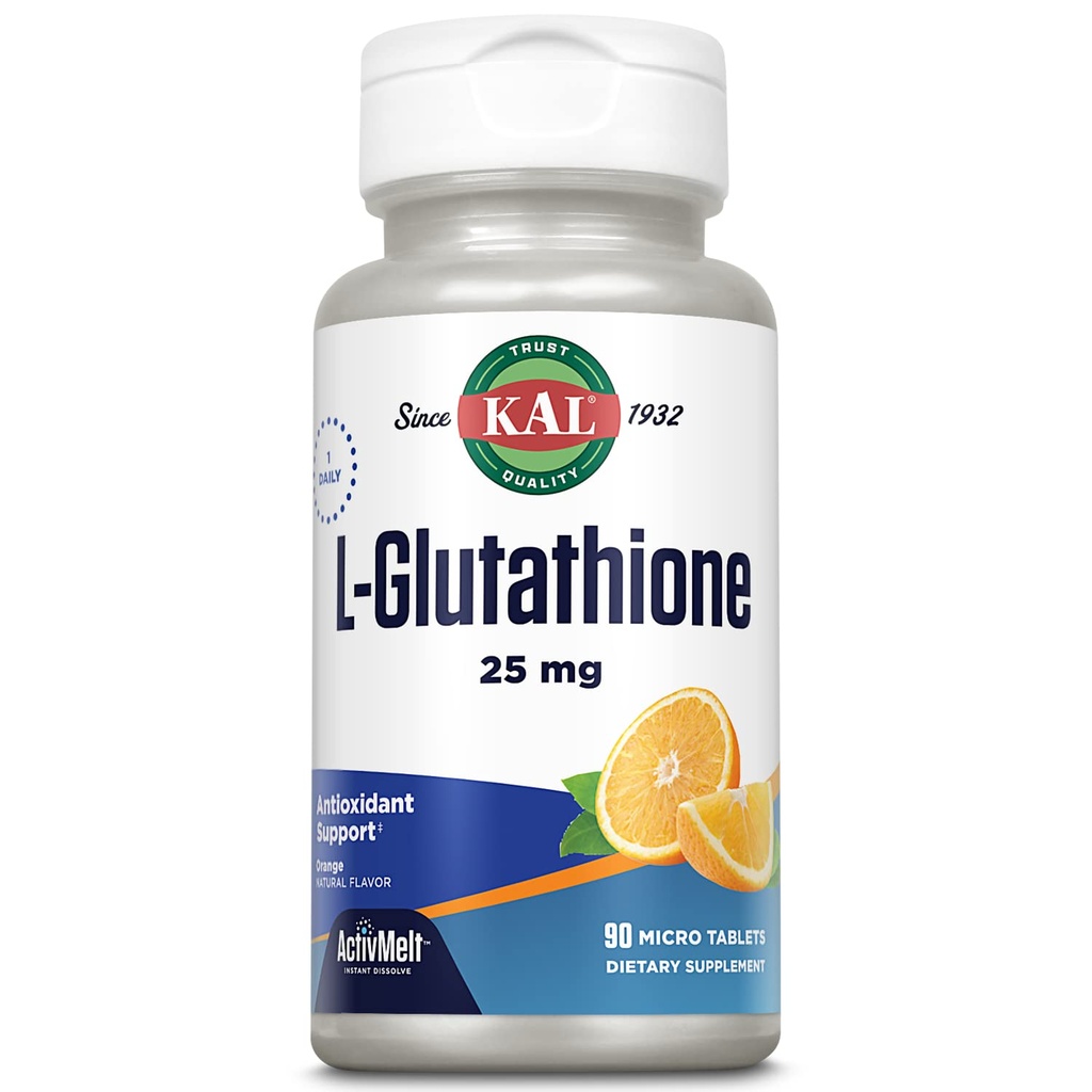 KAL L-Glutathion, Supplément réduit de glutathion, Antioxydant à forte absorption, ActivMelt à saveur orange, Végétarien, Vérifié en laboratoire, 90 portions, 90 micro comprimés