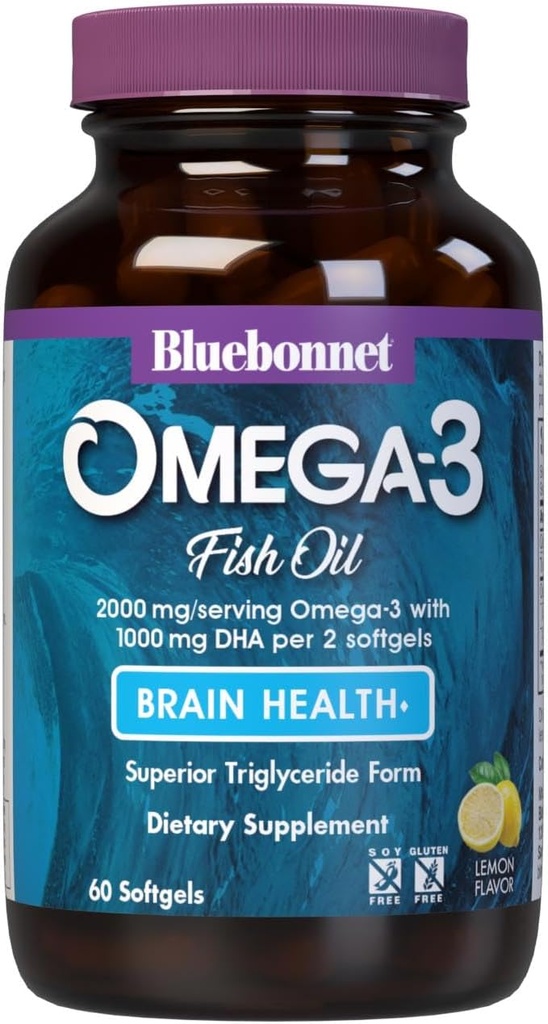 Bluebonnet Nutrition Omega-3 Cerveau formule naturelle prise sauvage Triglycéride Forme DHA 860 mg EPA 120 mg - Supplément de soutien à la santé cognitive et au mieux-être hautement concentré - Sans gluten - 60 softgels