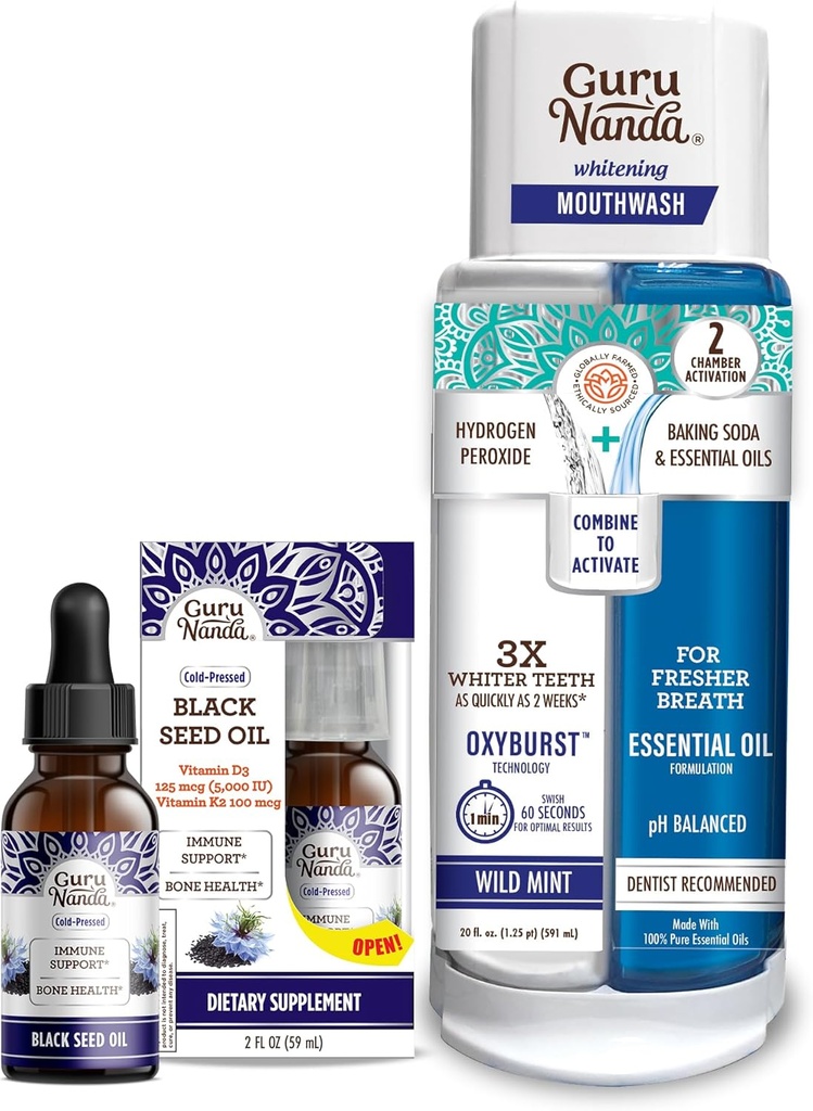 GuruNanda Black Seed Oil, Cold-Pressed Nigella Sativa - Rich in Vitamin D3 5000 Units, K2 & E & Dual Barrel Oxyburst Whitening Mouthwash - Contains Hydrogen Peroxide