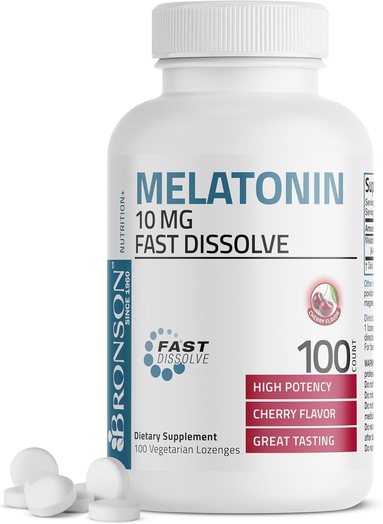 Bronson Melatonin 10mg Dissoudre rapidement les comprimés aromatisés cerises Végétariens Lozenges à croquer, 100 Nombre