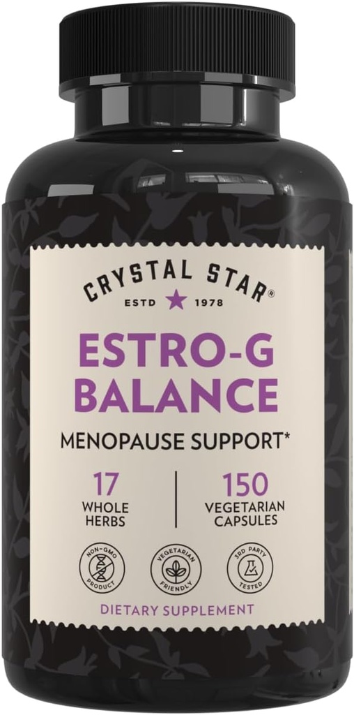 Supplément Cristal Star Estro G Balance (150 Capsules) – Soutien à la ménopause à base de plantes avec Cohosh noir, Rehmannia, Damiana & réglisse – Végétarien et non-OGM