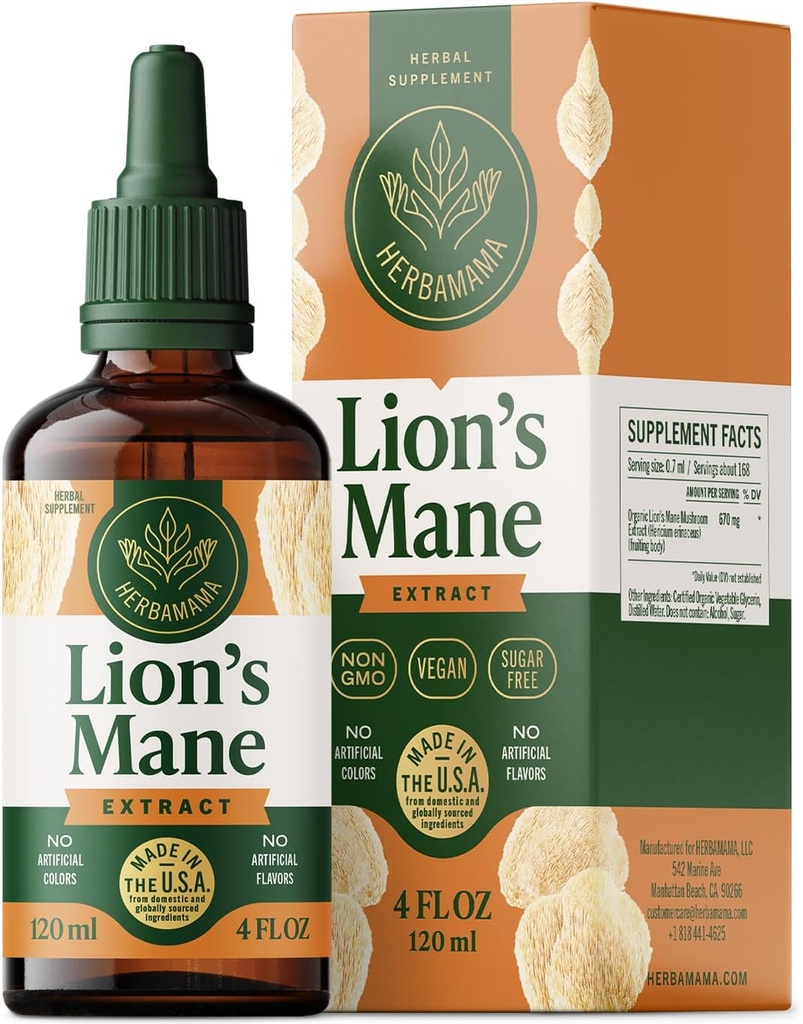 HERBAMAMA Lions Mane Tincture - Vegan Focus & Nerve Support with Lion's Mane Mushroom Extract - Hericium Erinaceus Brain Support Supplement - Non-GMO, Alcohol & Sugar-Free - 84-Day Supply
