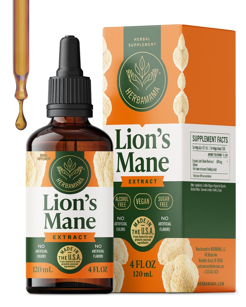 Teinture de la crinière HERBAMAMA Lions - Vegan Focus & Nerve Support with Lion's Mane Mushroom Extract - Hericium Erinaceus Supplément de soutien au cerveau - Non-OGM, sans alcool et sans sucre - Approvisionnement de 84 jours