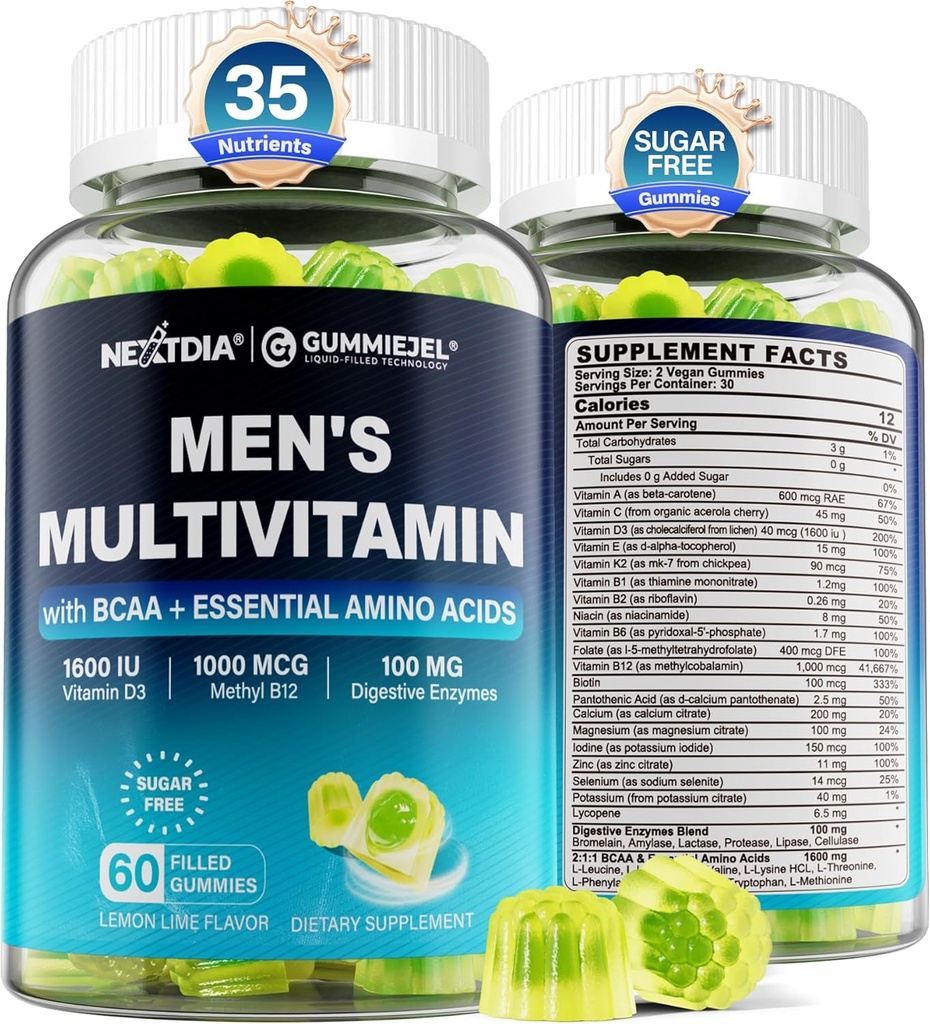 Multivitamine méthylée pour les hommes Gummies, BCAA Acides aminés, zinc, Vitamine quotidienne A C Complexe D3 E K2 B, Calcium, Magnésium, Lycopène, Enzymes digestifs - Énergie, Immune, Muscle- sans sucre, Vegan, 60Cts