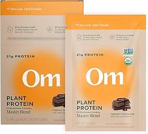 Om Master Blend Poudre de protéines végétaliennes, chocolat, 21g de protéines végétales - Supplément de champignons organiques avec 10 Complexe de champignons, Ashwagandha, BCAAs et vitamine B12 - Servir seul (10 comte)