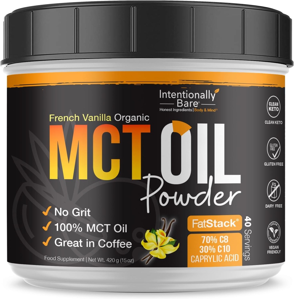 Intentionnellement Bare MCT Poudre d'huile Vanille MCT Cafe Creamer - C8 MCT Poudre d'huile pour l'énergie et le métabolisme - No Grit Keto Energy Blend Excellent dans le cuisson, Shakes & Creamer pour le café - 40 Ser
