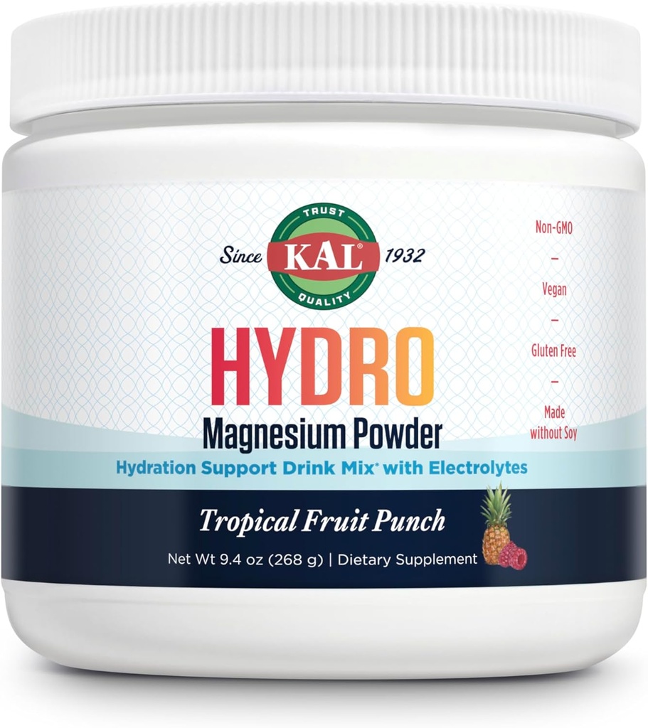 KAL Hydro Magnésium Plus Poudre d'électrolytes - Punch de fruits tropicaux - Supplément de sodium, de chlorure, de potassium - Mélange d'hydratation et de boisson énergétique cellulaire - Pas de sucre - Garantie de 60 jours, 50 portions, 9,4 OZ