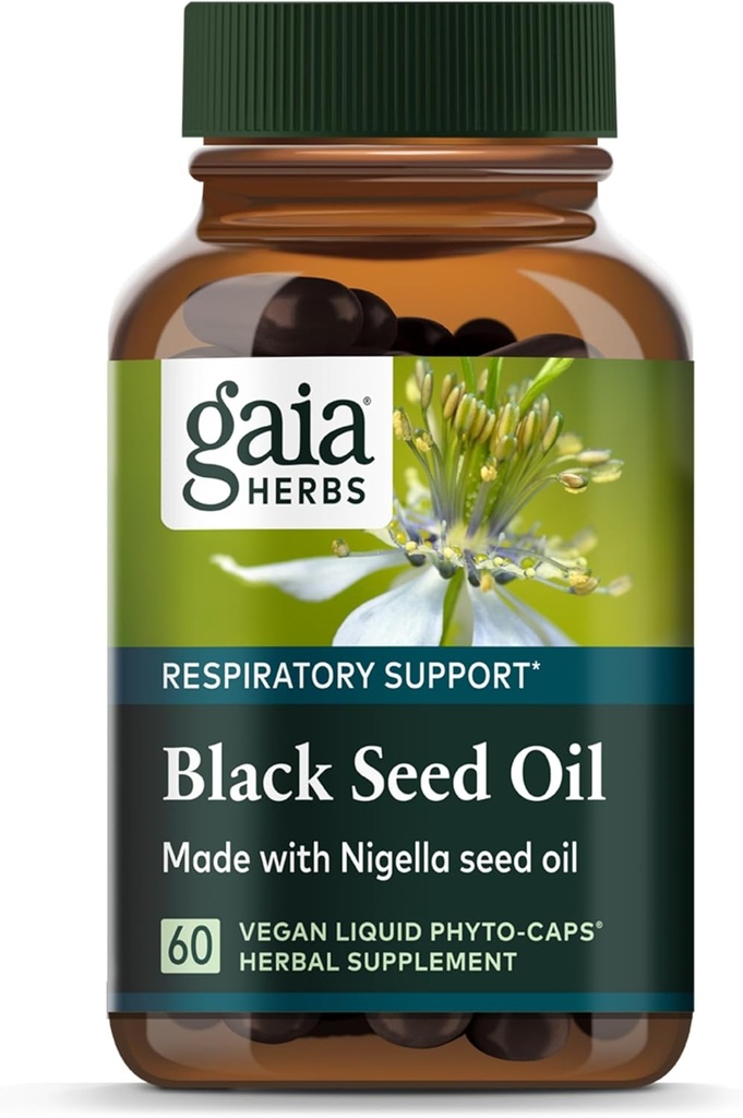Huile de graines noires de Gaia Herbs - Capsules pressées à froid pour le soutien pulmonaire, respiratoire et antioxydant - avec huile de graines de nigella biologique - supplément à base de plantes - 60 capsules de phytocapsules liquides véganes (30 jours)