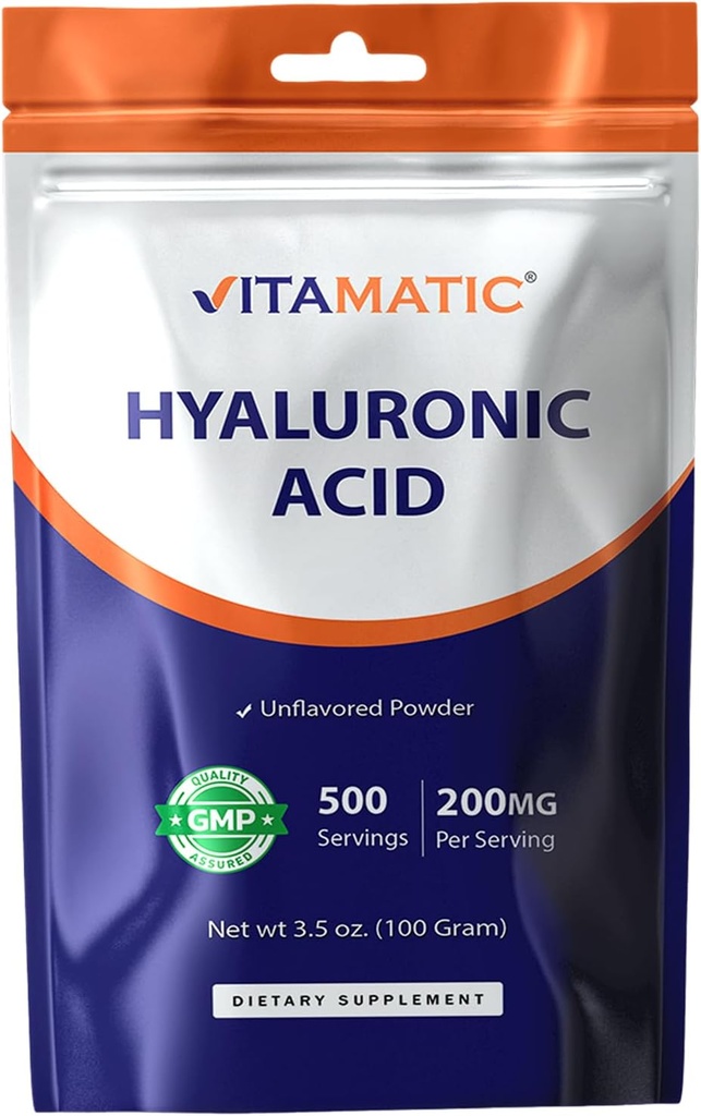 Poudre d'acide hyaluronique vitamatique 200mg - Soutient des tissus et des articulations conjonctifs sains - Promouvoir la peau saine jeune - 100 Gram