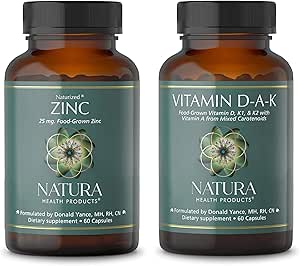 Produits de santé Natura Vitamine D-A-K et supplément de 25 mg de zinc - Soutient la santé osseuse, cardiaque et visuelle - Soutient la santé cellulaire et une réponse immunitaire saine