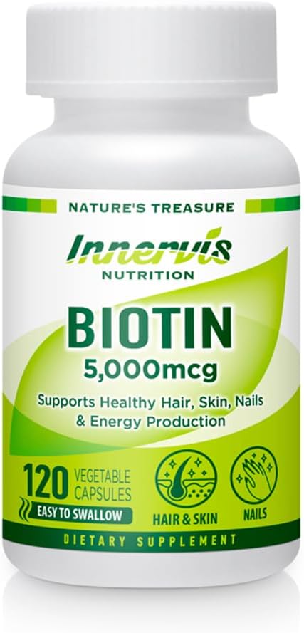 Biotine à haute puissance 5000mcg – Soutient la santé des cheveux, de la peau et des ongles, 120 Capsules de Veggie