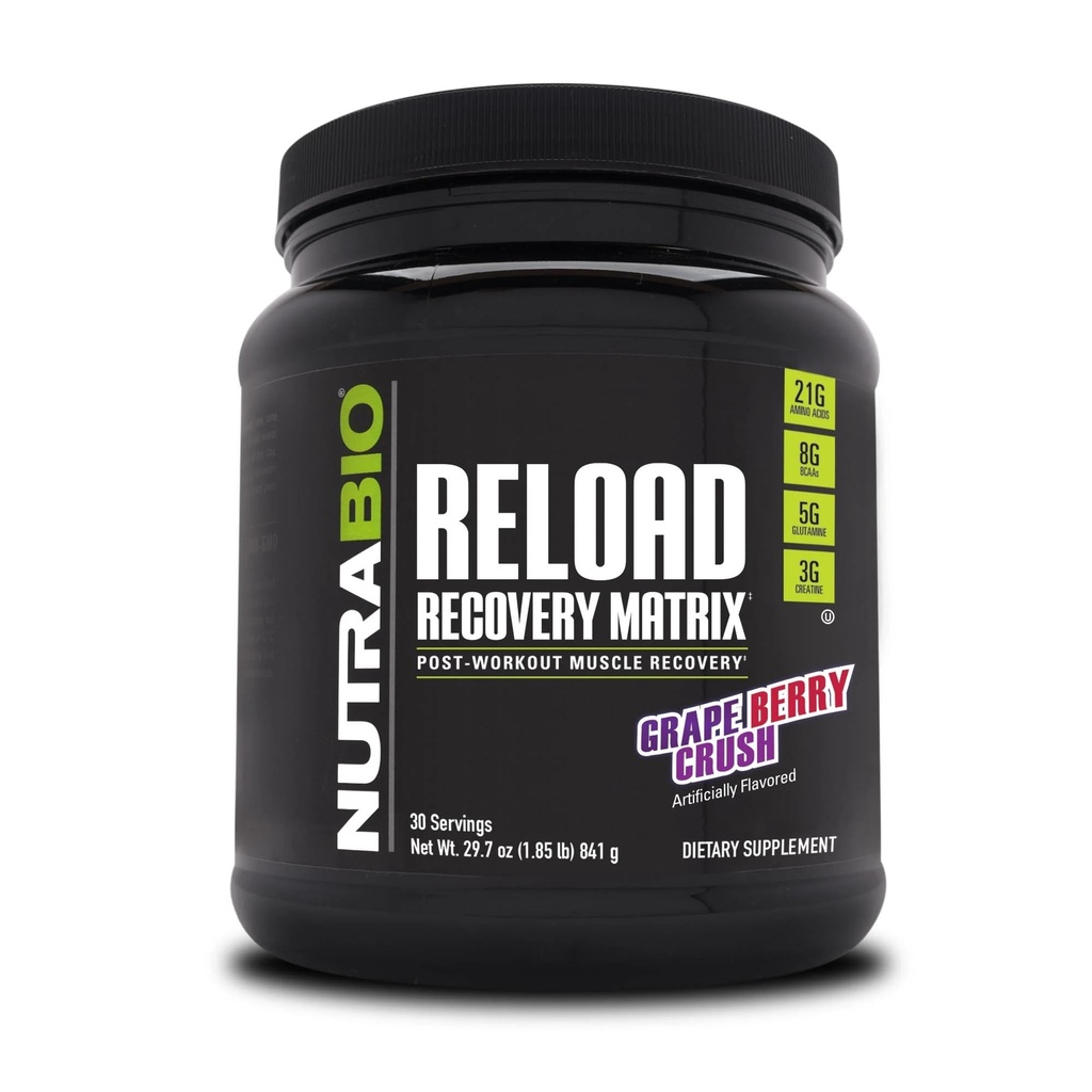 Recharge de NutraBio - Formule de récupération musculaire puissante - Supplément après l'entraînement - 3G Créatine - 8G BCAAs - 5G Glutamine - 30 portions, Crush au raisin