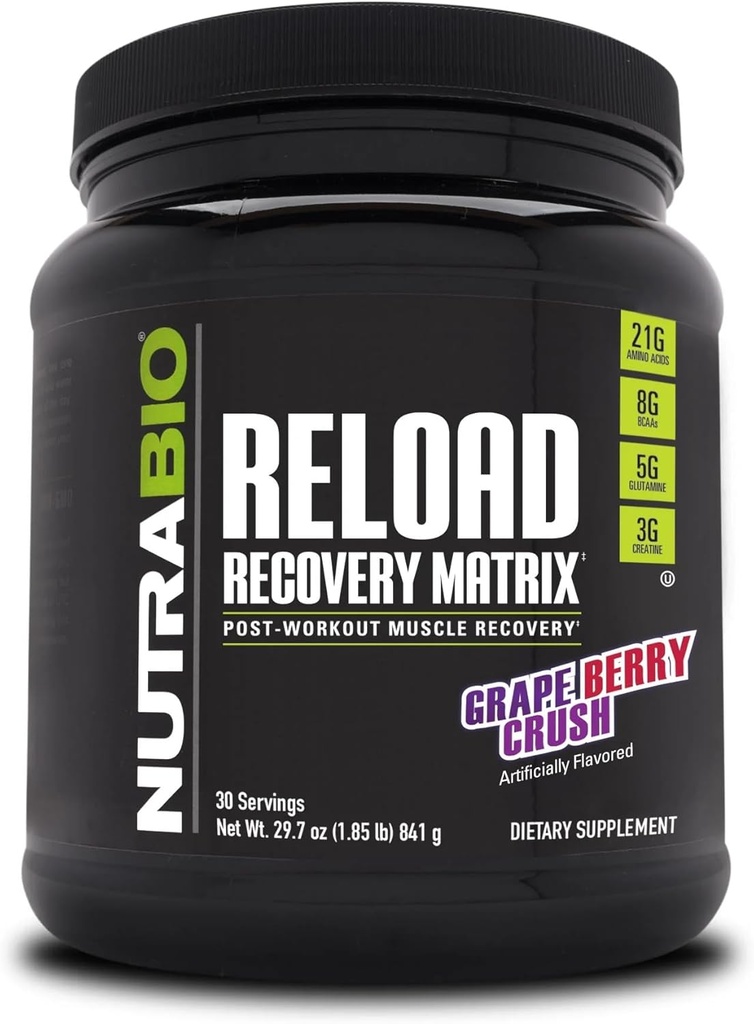 Recharge de NutraBio - Formule de récupération musculaire puissante - Supplément après l'entraînement - 3G Créatine - 8G BCAAs - 5G Glutamine - 30 portions, Crush au raisin