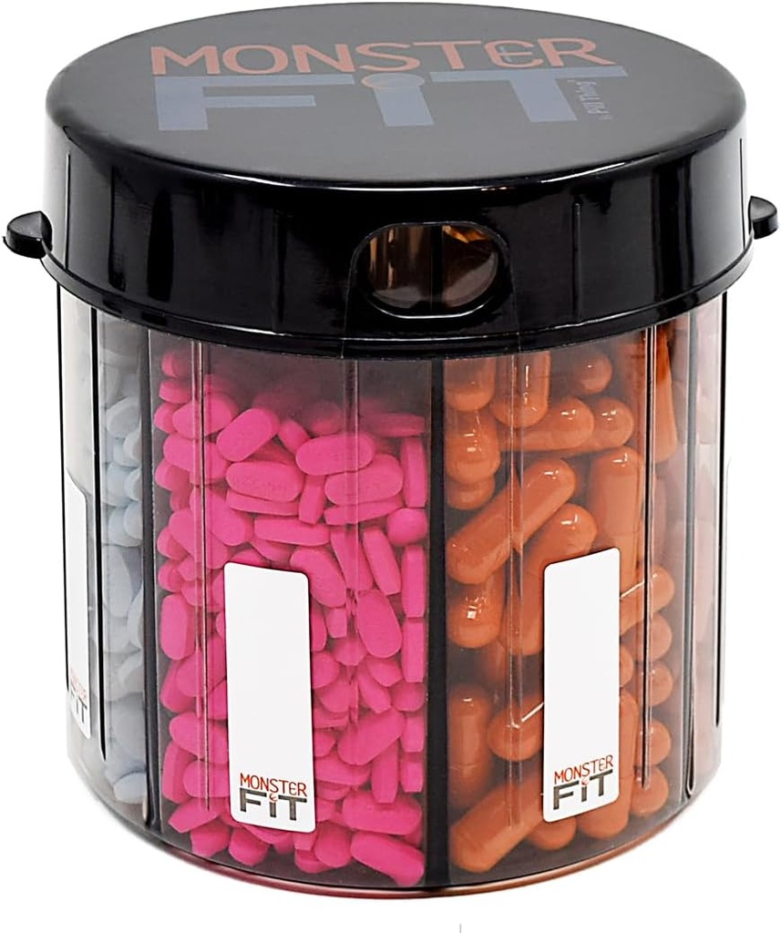 XL Supplément Pill Dispenser Bouteille, 7 Compartiment, Étiquettes, Easy Open, Anti-Mixing, UV Protégé Organisateur, Extra Large Vitamine Mensuel, Monster Fit Médicament Holder Inclut Premium Medisafe App