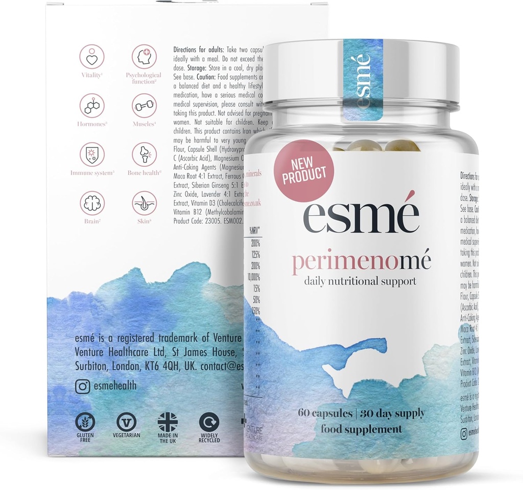 Suppléments Esme Ménopause Suppléments Periménopause 1 mois d'approvisionnement - Soutien quotidien pour le stade précoce de la ménopause – 60 capsules - Comprend Ashwagandha, vitamines et trèfle rouge