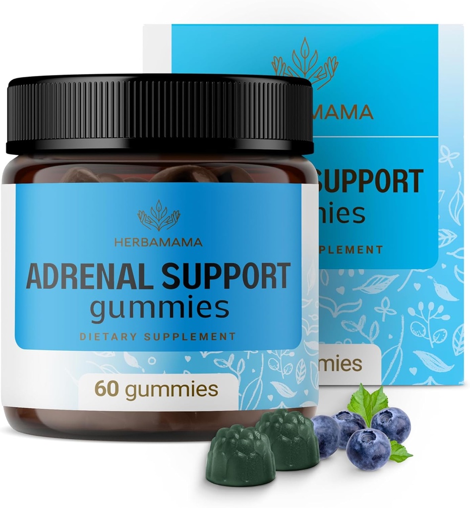 Gommies de soutien adrénal HERBAMAMA - Supplément complexe adrénal pur pour les femmes avec racine d'Ashwagandha, Rhodiola Rosea et Magnésium - Vegan, non-OGM - 60 brochettes à base de bleuets