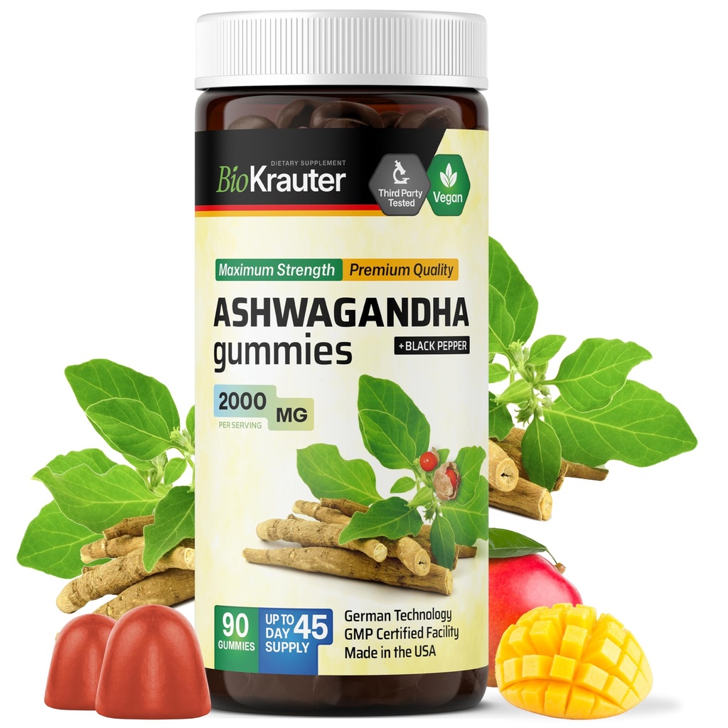 BIO KRAUTER Ashwagandha Gummies pour les femmes et les hommes - 2000 mg de force - 90 Chews pour le soutien de l'humeur - Suppléments Chewable Ashwagandha - Vegan - Mango Flavor