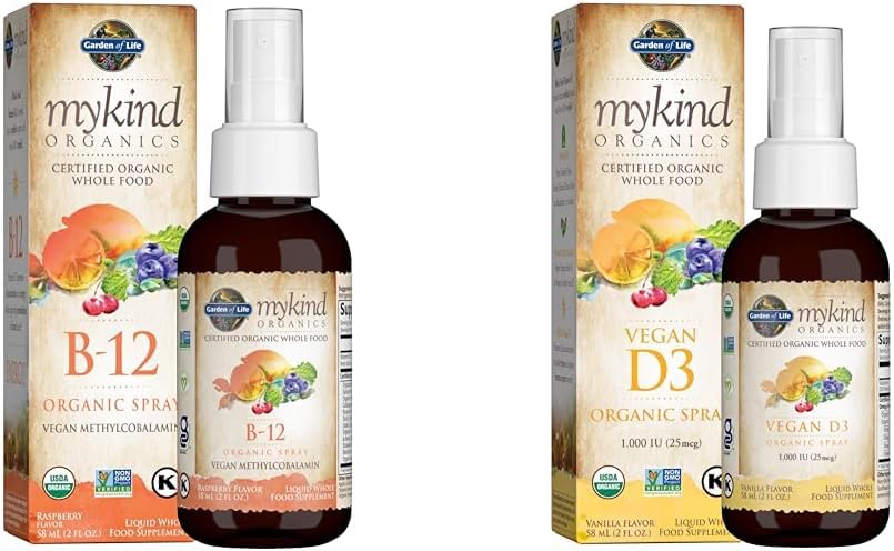 Garden of Life Organics B12 Vitamine - Alimentation entière B-12 pour le métabolisme et l'énergie et la vitamine D3 Liquide 1000 UI par spray