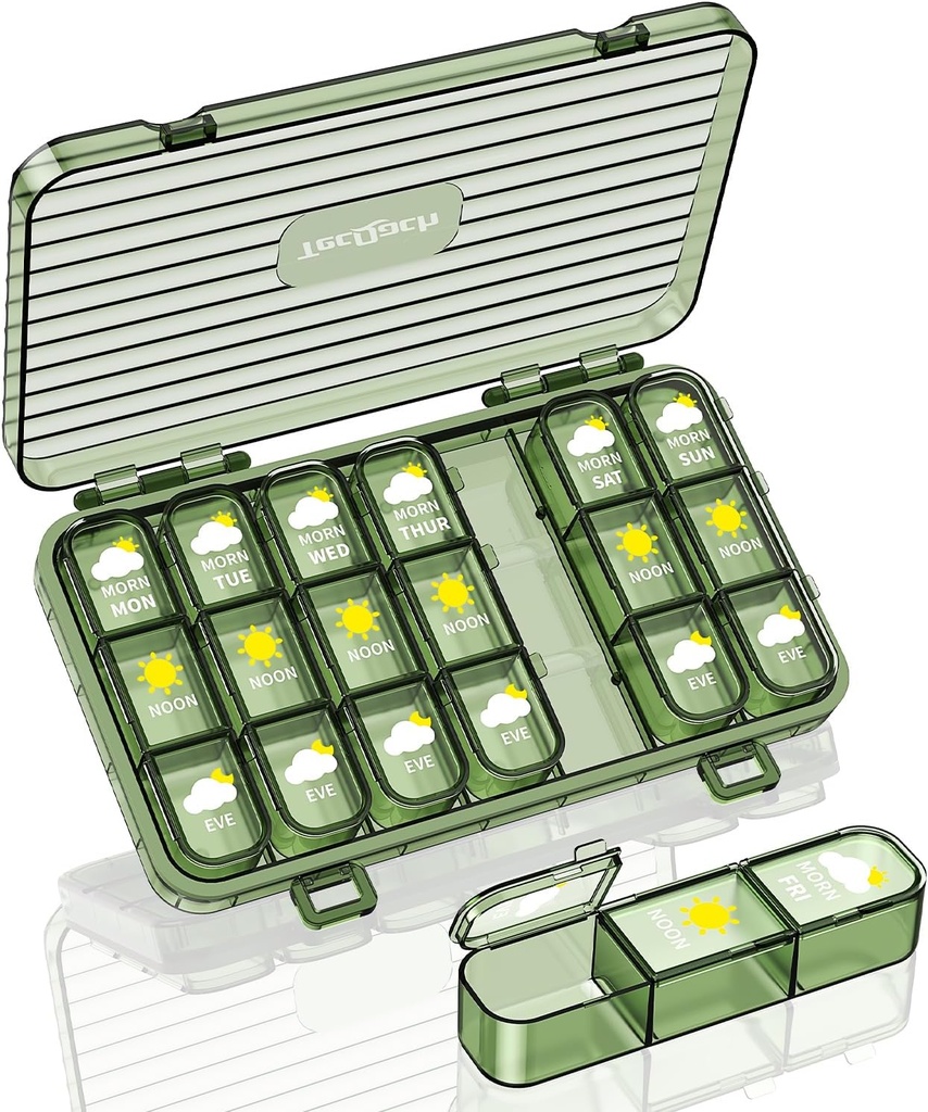 Organisateur hebdomadaire de pilules, 3 fois par jour, grand voyage Boîte à pilules de 7 jours avec contenant séparé, quotidien portable humide-proof cas de pilule pour médicaments, vitamines, huile de poisson et suppléments