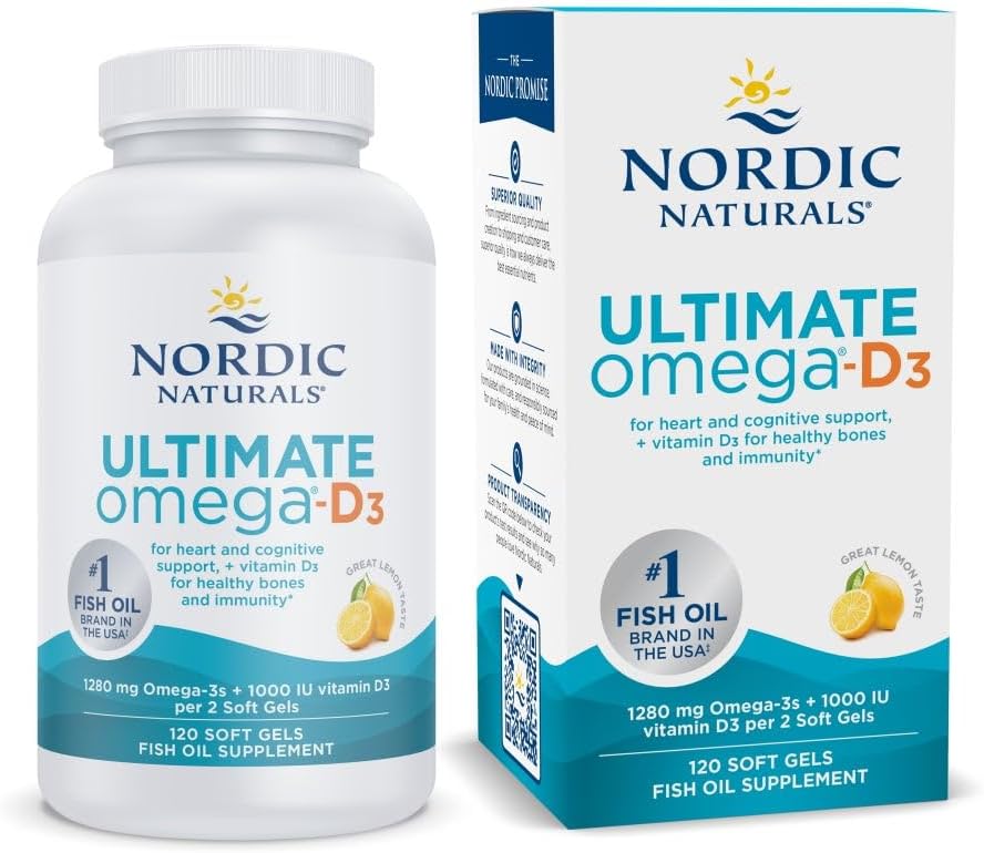Nordic Naturals Ultimate Omega-D3, Saveur de citron - 120 gels mous - 1280 mg Omega-3 + 1000 UI Vitamine D3 - EPA & DHA - Promotion de la santé cérébrale, cardiaque et immunitaire - 60 portions