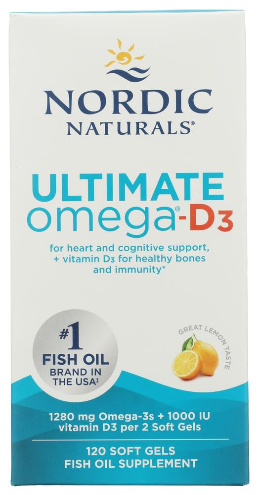 Nordic Naturals Ultimate Omega-D3, Saveur de citron - 120 gels mous - 1280 mg Omega-3 + 1000 UI Vitamine D3 - EPA & DHA - Promotion de la santé cérébrale, cardiaque et immunitaire - 60 portions