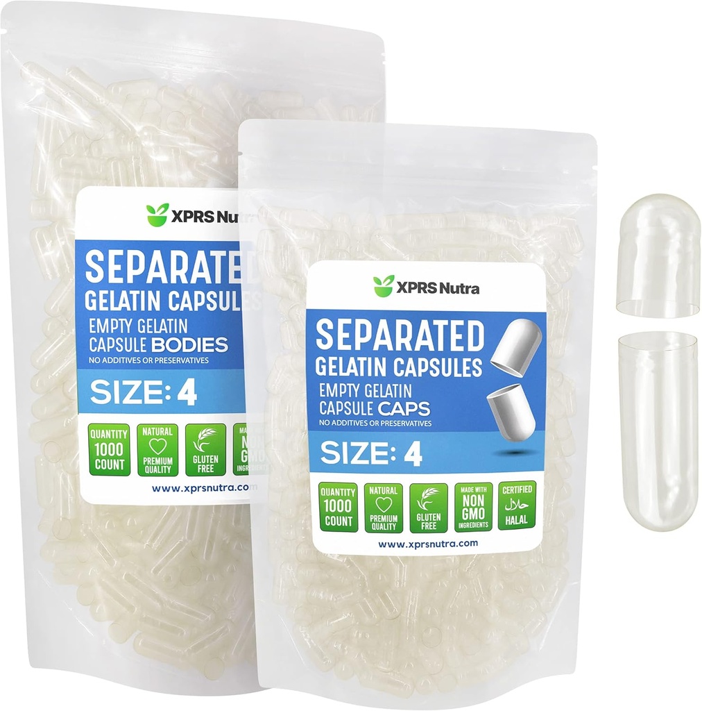 XPRS Nutra Gélatine Taille 4 Capsules séparées - 1000 Nombre Effacer les petites capsules vides Séparées dans des sacs - Bouchons de pilules rechargeables bricolage - Taille 4 Gel Do-It-Youlf Vitamine et supplément remplissage
