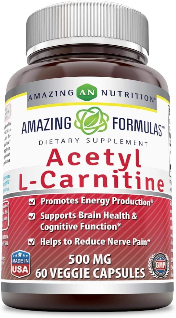 Formules étonnantes Supplément alimentaire d'acétyl L-Carnitine Hcl Veggie - 500 Mg, Capsules Veggie (non OGM, sans gluten) par bouteille - favorise la production d'énergie et la fonction cognitive (60 Nombre)
