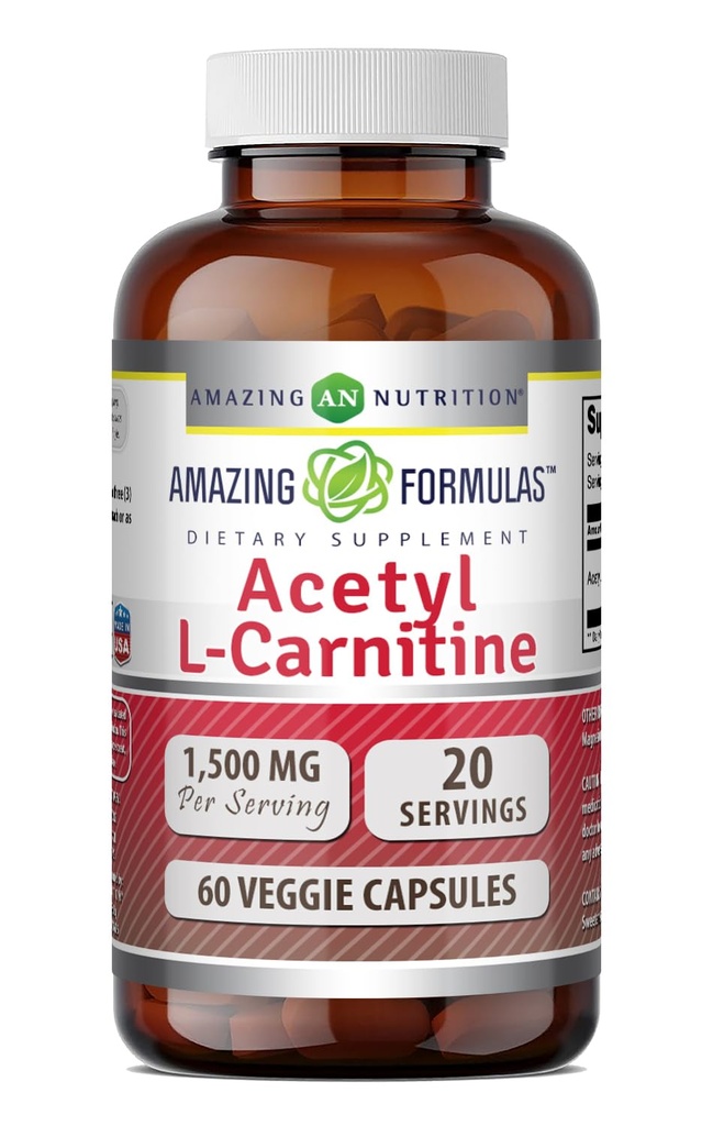Formules étonnantes Supplément alimentaire d'acétyl L-Carnitine Hcl Veggie - 500 Mg, Capsules Veggie (non OGM, sans gluten) par bouteille - favorise la production d'énergie et la fonction cognitive (60 Nombre)