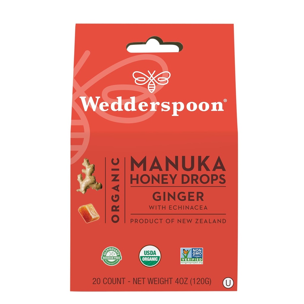 Wedderspoon Bio Manuka Miel Drops, Ginger & Echinacea, 20 Compte (paquet de 1)