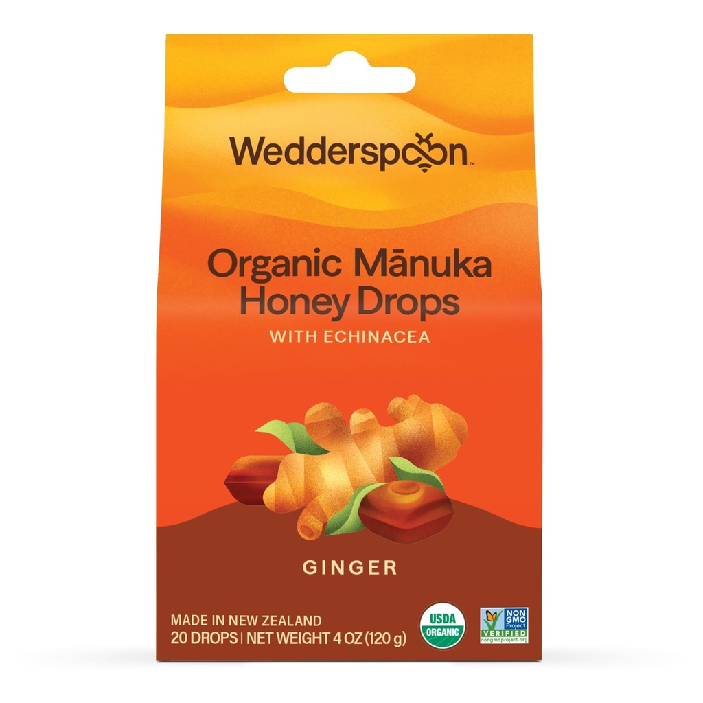 Wedderspoon Bio Manuka Miel Drops, Ginger & Echinacea, 20 Compte (paquet de 1)