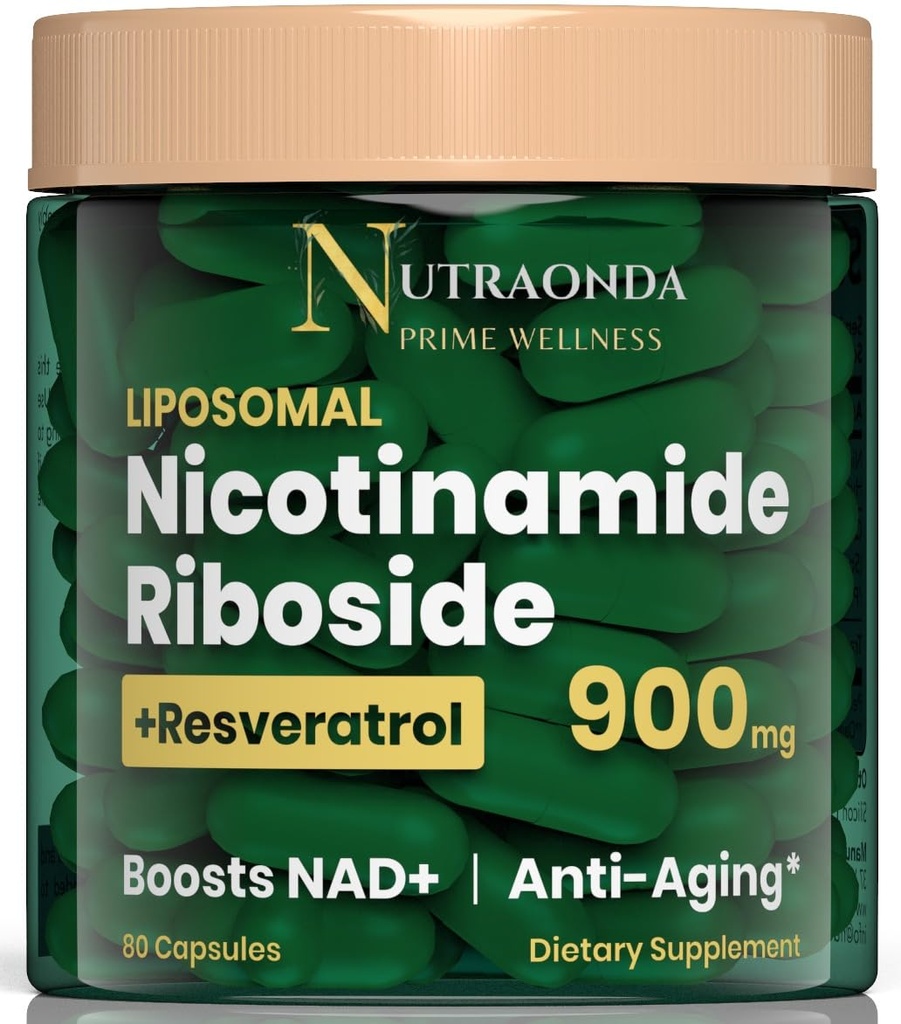 Liposomal Nicotinamide Riboside 900mg Resveratrol & Quercetin – Supplément NAD Plus pour l'antivieillissement, l'énergie cellulaire et améliorer la santé- 80 capsules