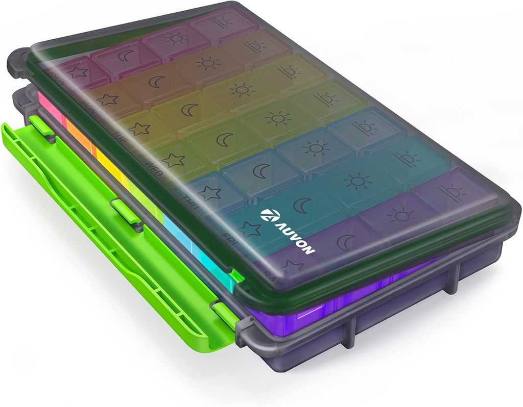 AUVON iMedassist Hydraure-Proof Weekly Pill Organizer 4 fois par jour, grand boîtier à pilules de 7 jours avec un design portable pour le voyage, conteneurs individuels amovibles tenir des vitamines, suppléments, médicaments